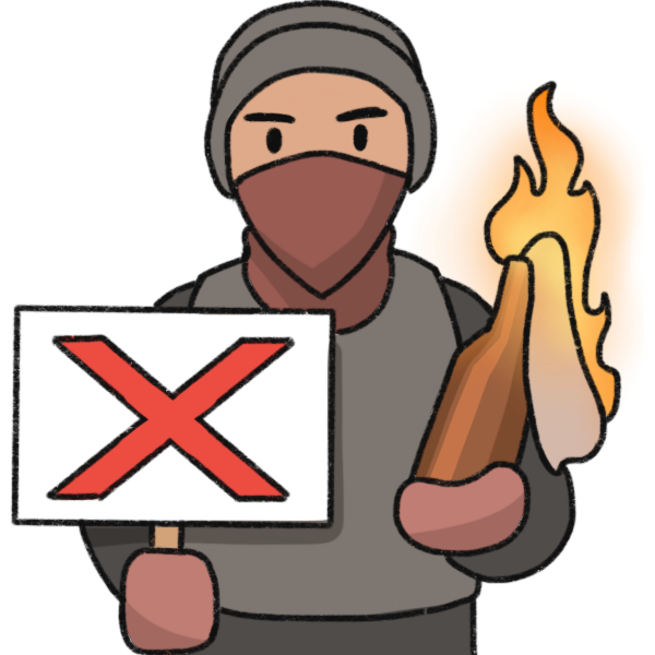 a person wearing dark clothing, a beanie, a vest, and muted red gloves, holding a sign with a red x on it and a molotov cocktail in one hand.